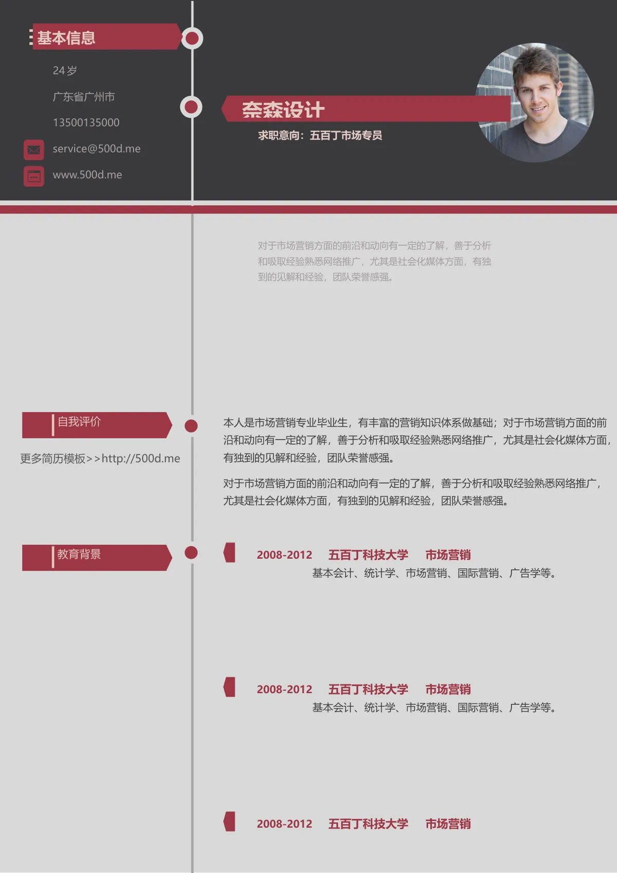市场专员求职简历Word模板 含基本信息自我评价教育背景实践经历板块 - 第5页