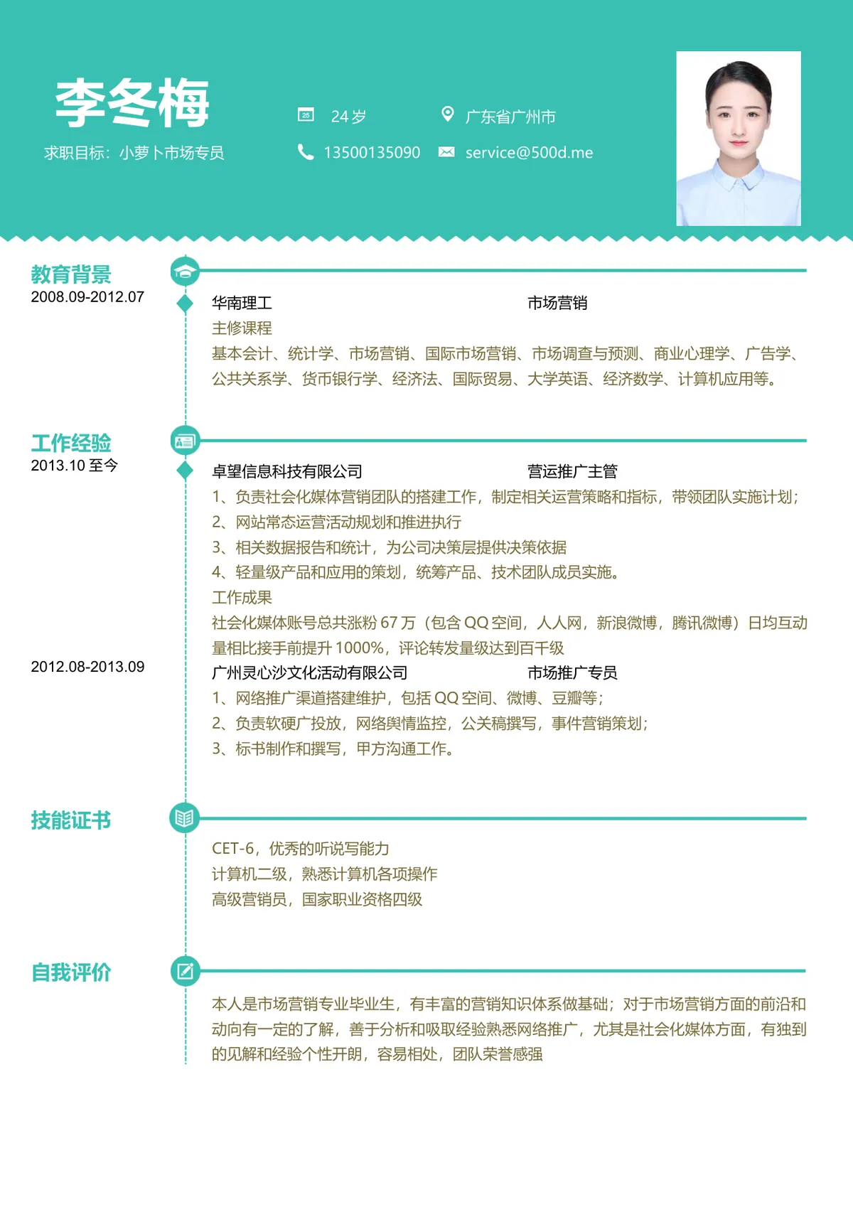 青绿色简约市场专员求职简历Word文档模板 - 第1页