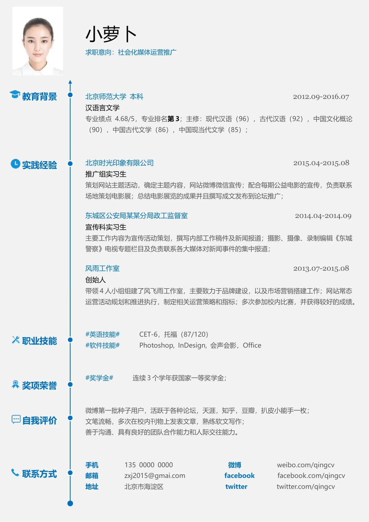 社会化媒体运营推广求职简历Word文档模板 - 第1页