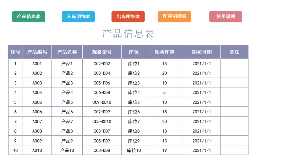 产品信息出入库库存管理明细Excel表格 - 第1页