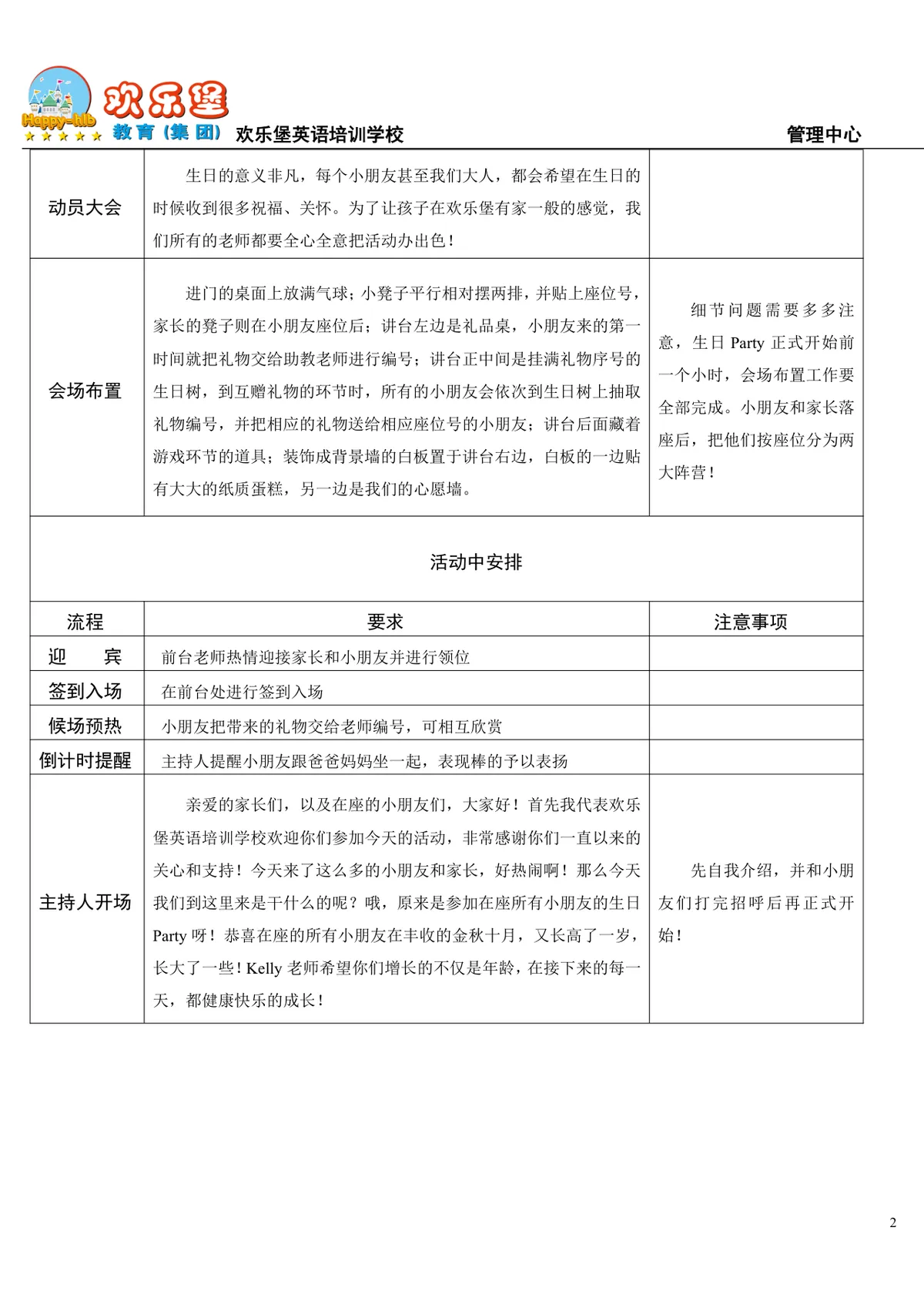 英语培训学校儿童生日派对活动策划方案DOCX模板 - 第2页