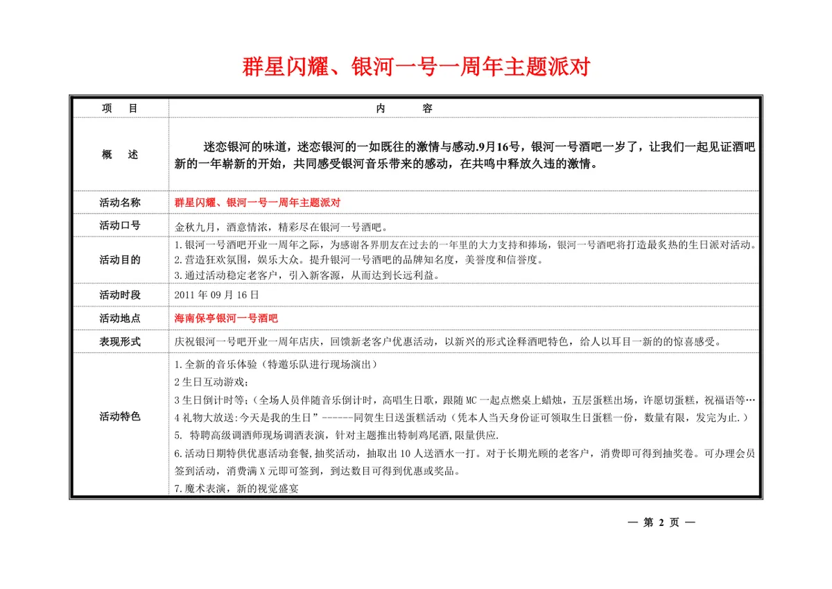 群星闪耀银河一号一周年主题派对酒吧店庆活动策划方案Word文档 - 第2页