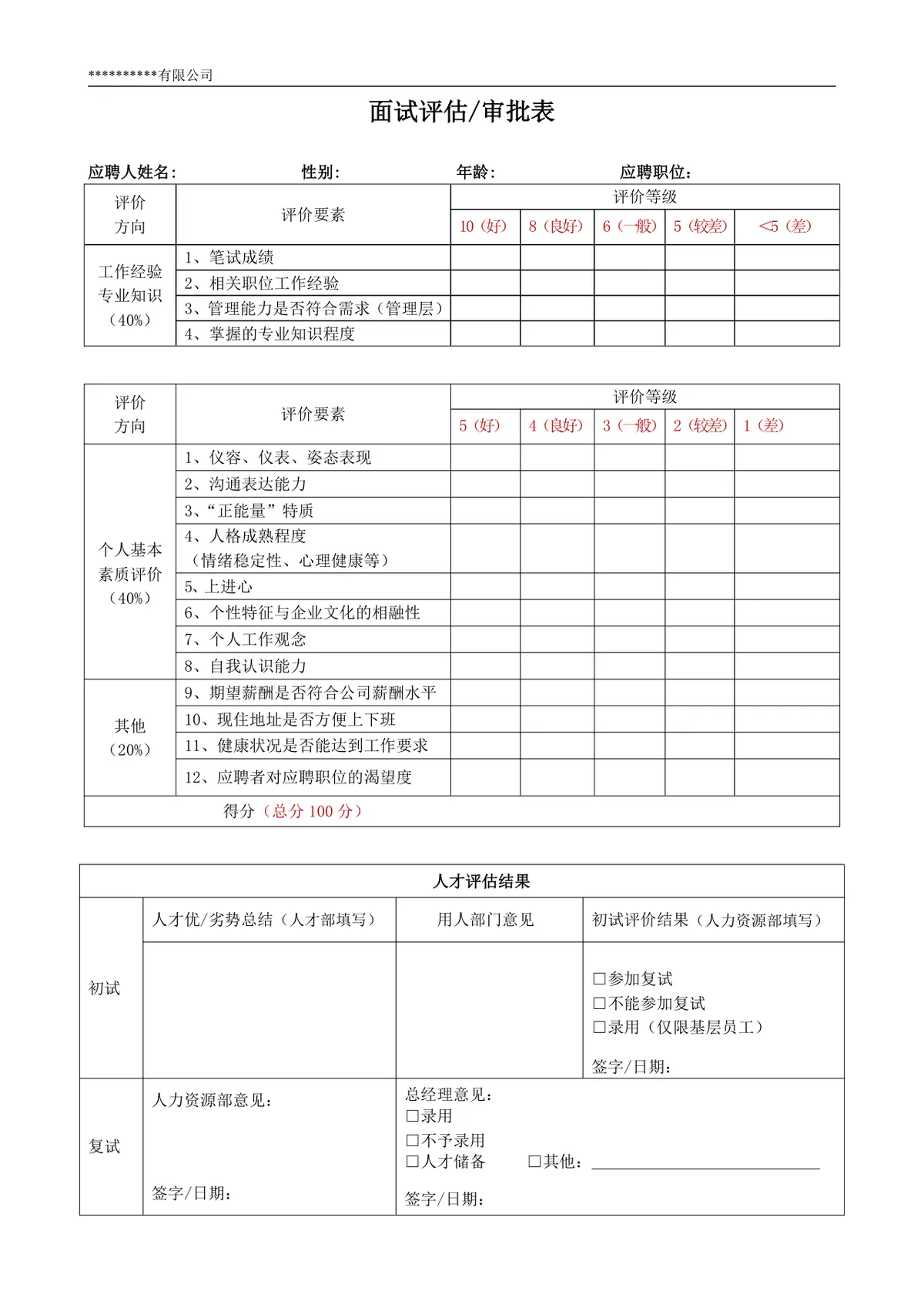 公司通用面试评估审批表Word文档 企业招聘人员面试评分记录模板 - 第1页