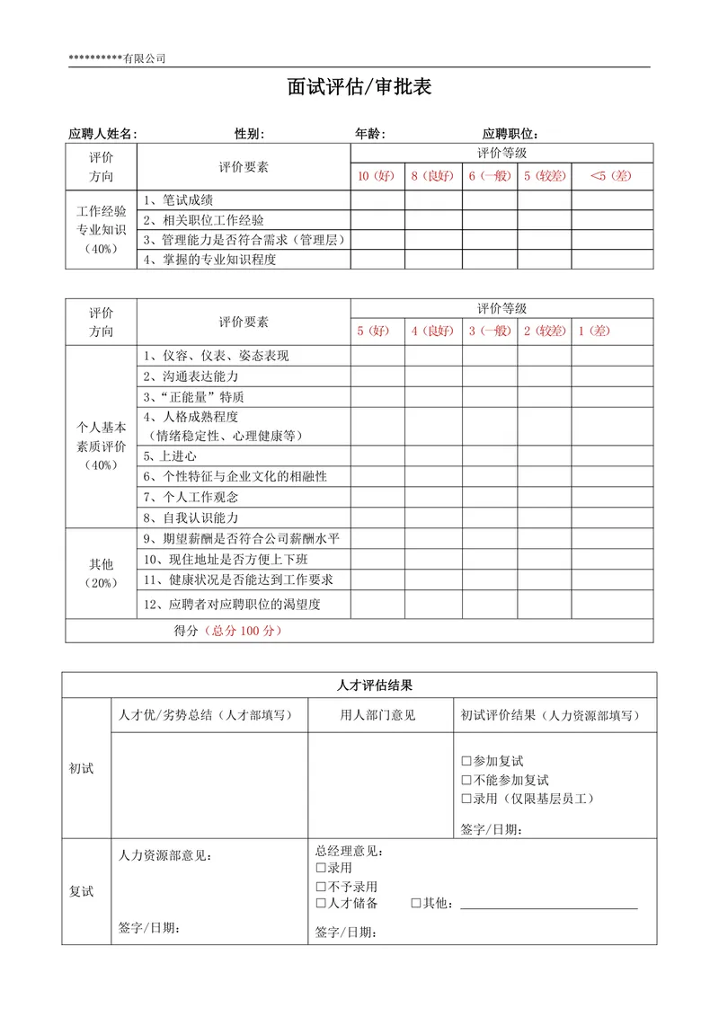 公司通用面试评估审批表Word文档 企业招聘人员面试评分记录模板 - 封面预览