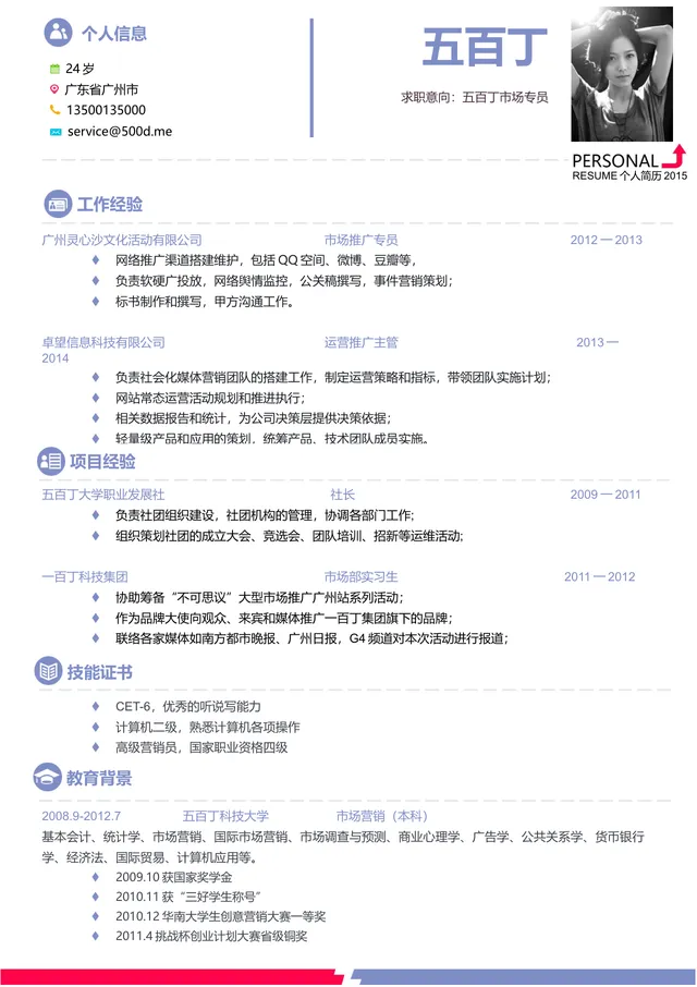 市场专员求职个人简历Word文档模板 - 封面预览