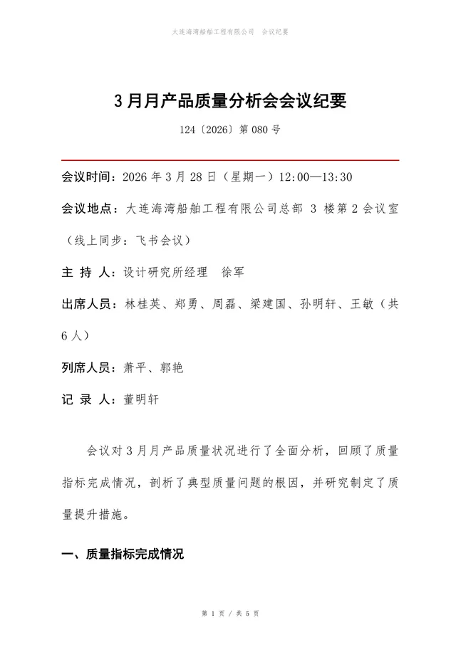 企业月度产品质量分析会会议纪要标准Word文档模板 - 封面预览