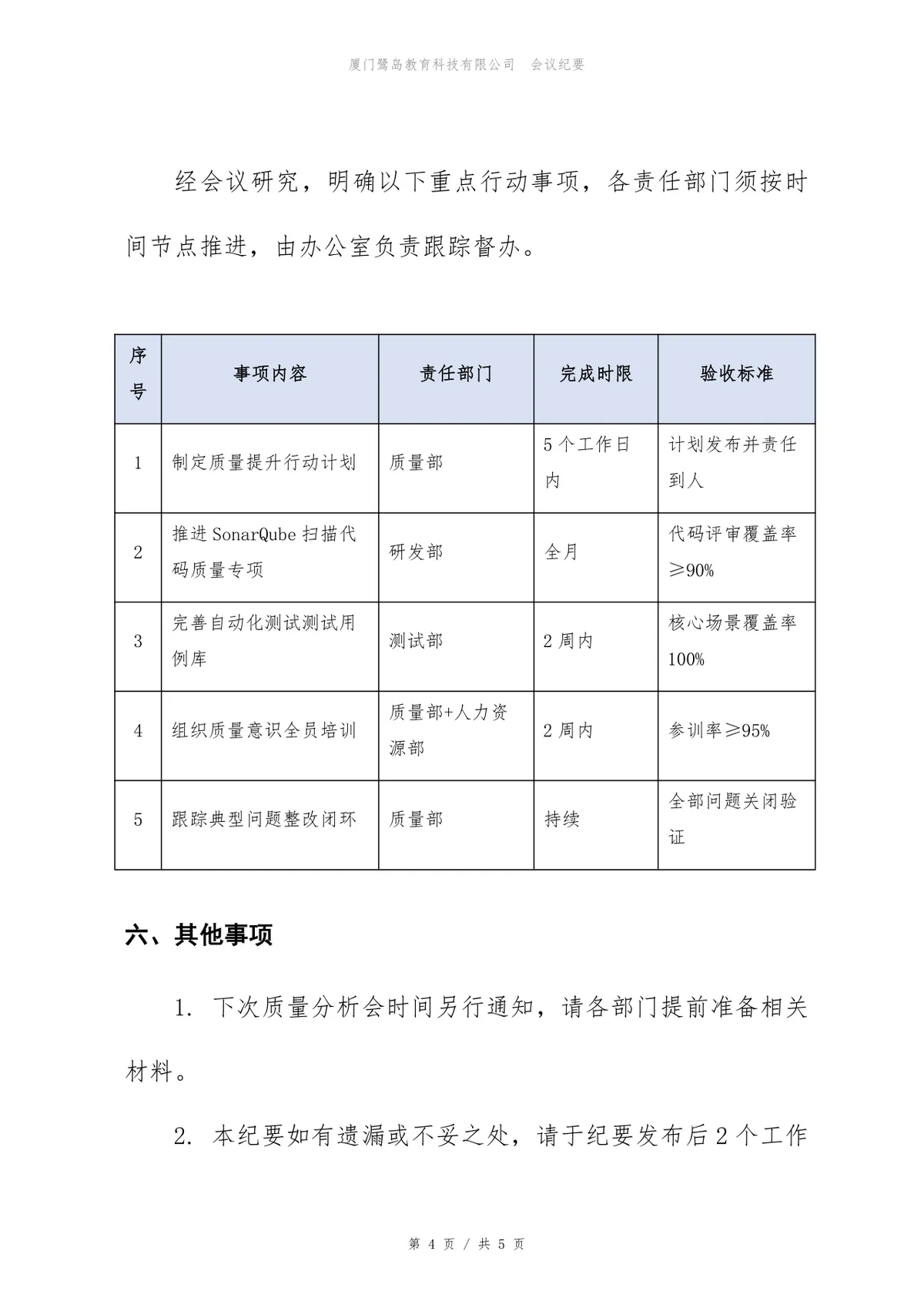 企业产品质量分析会正式会议纪要标准Word文档模板 - 第4页