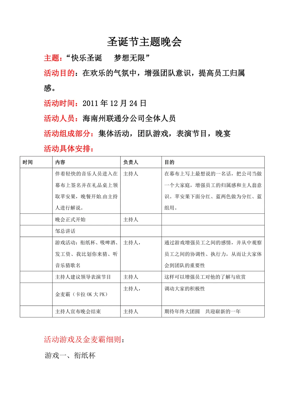 圣诞节主题晚会活动策划方案Word文档 企业员工圣诞团建活动执行方案 - 第1页