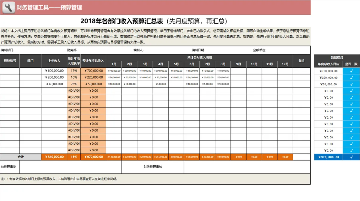 各部门年度收入预算汇总Excel表格 月度预算自动汇总财务管理工具 - 第1页