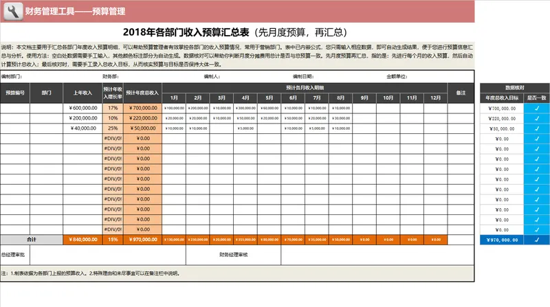各部门年度收入预算汇总Excel表格 月度预算自动汇总财务管理工具 - 封面预览