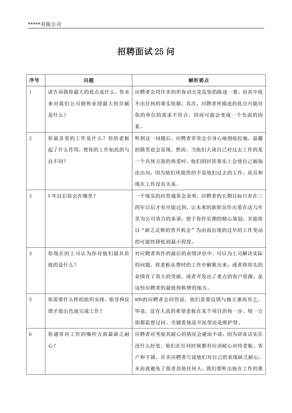 企业通用招聘面试25问完整解析参考Word文档模板 - 第1页
