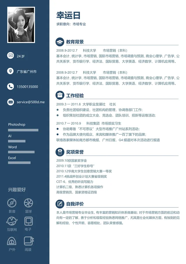 市场专业求职简历Word文档 含教育背景工作经历技能展示完整求职模板 - 封面预览