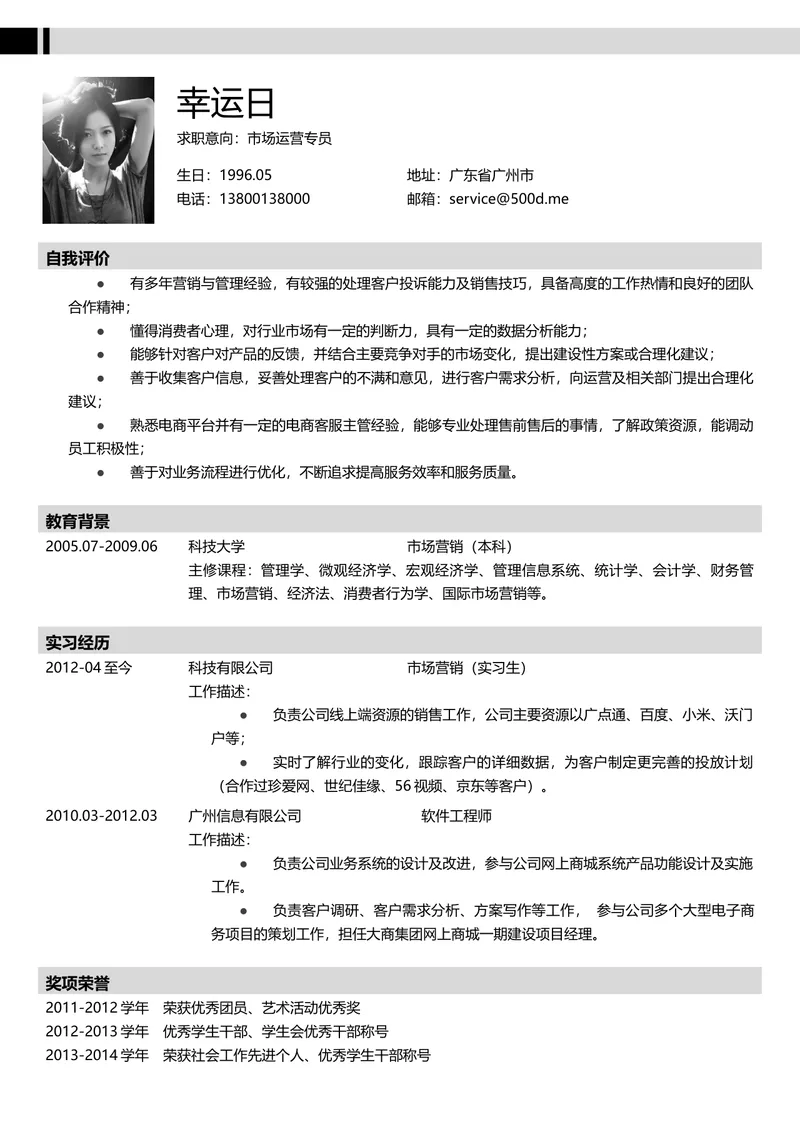 市场运营专员求职简历Word模板 含自我评价教育背景实习经历奖项荣誉技能证书模块 - 封面预览