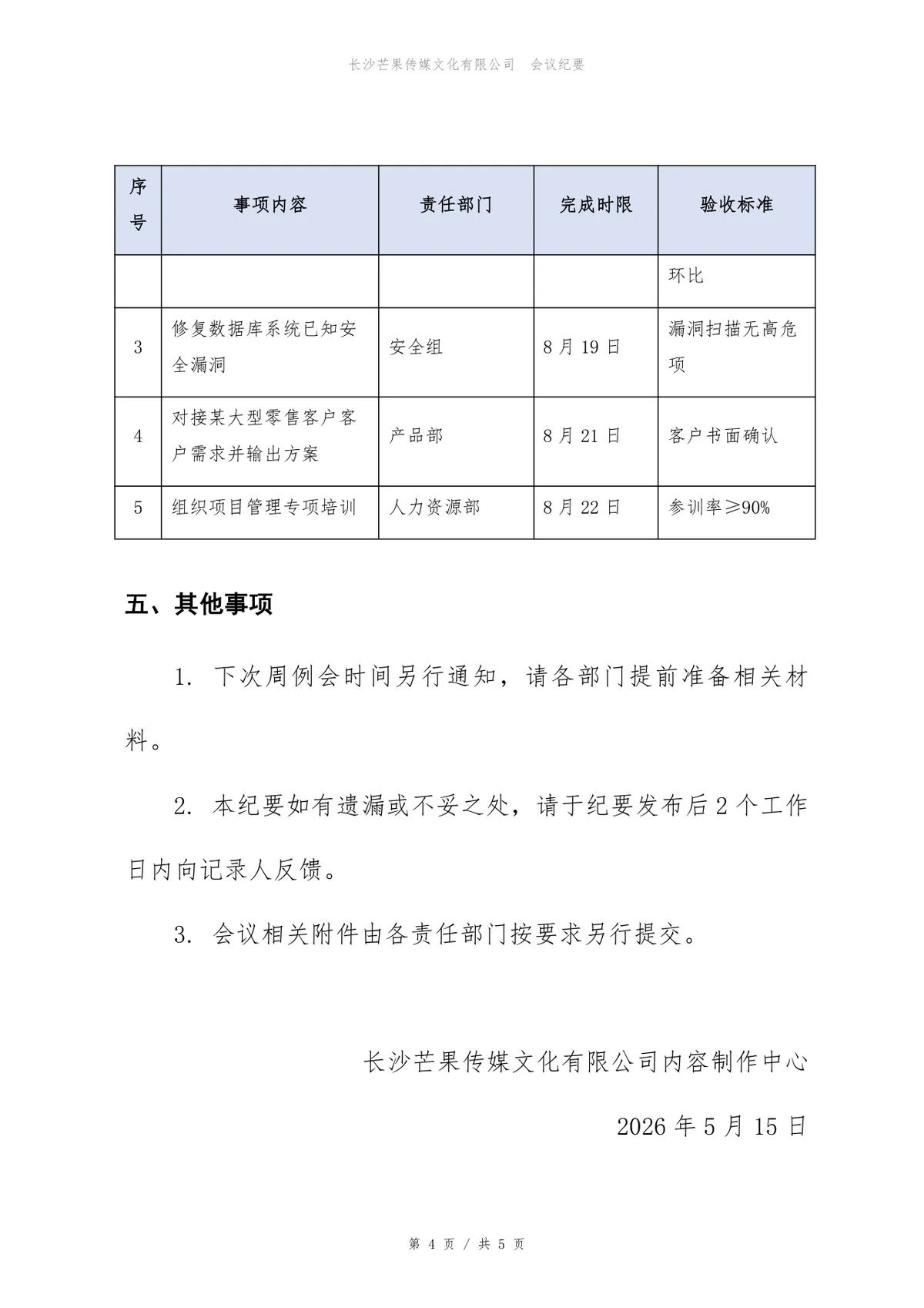 企业部门周例会会议纪要标准Word文档模板 - 第4页