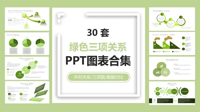 30套绿色三项并列关系数据对比PPT图表合集 - 封面预览