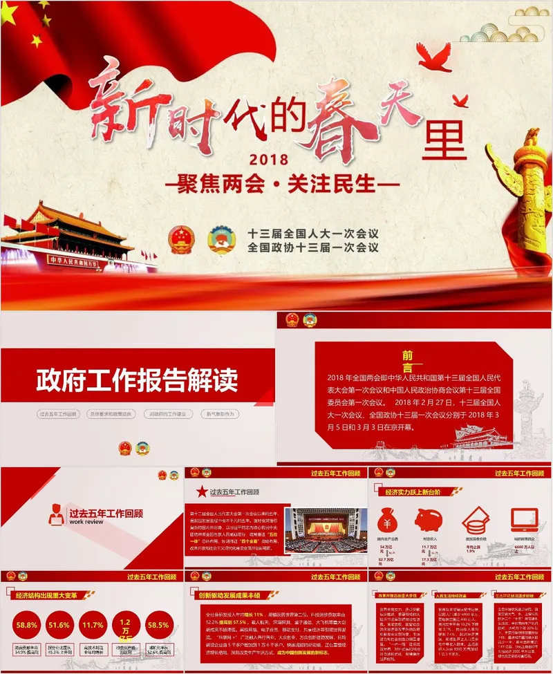 新时代的春天里聚焦两会关注民生党建党政主题PPT模板 - 封面预览