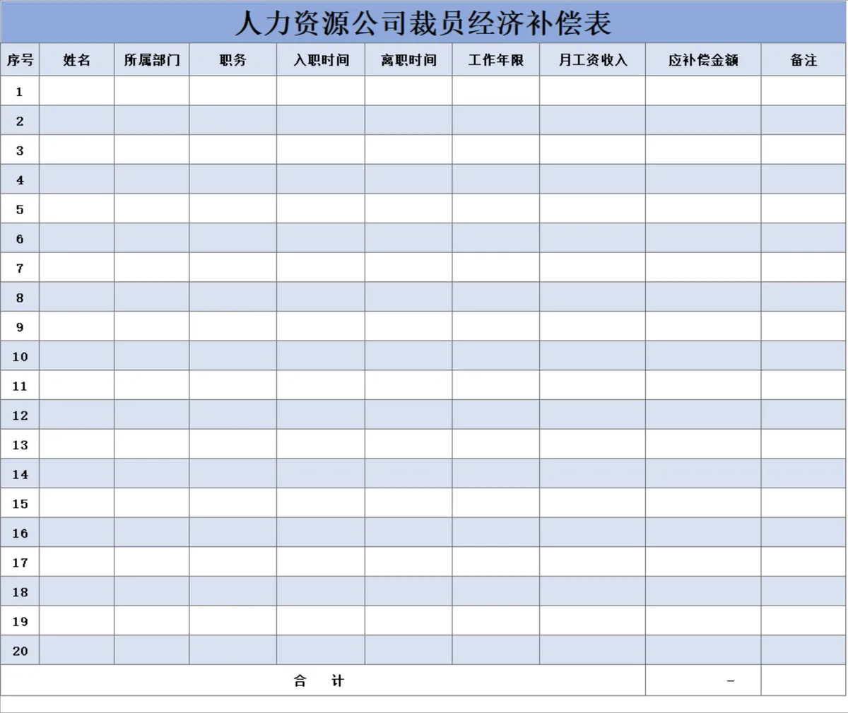 人力资源公司裁员经济补偿统计Excel表格 - 第1页