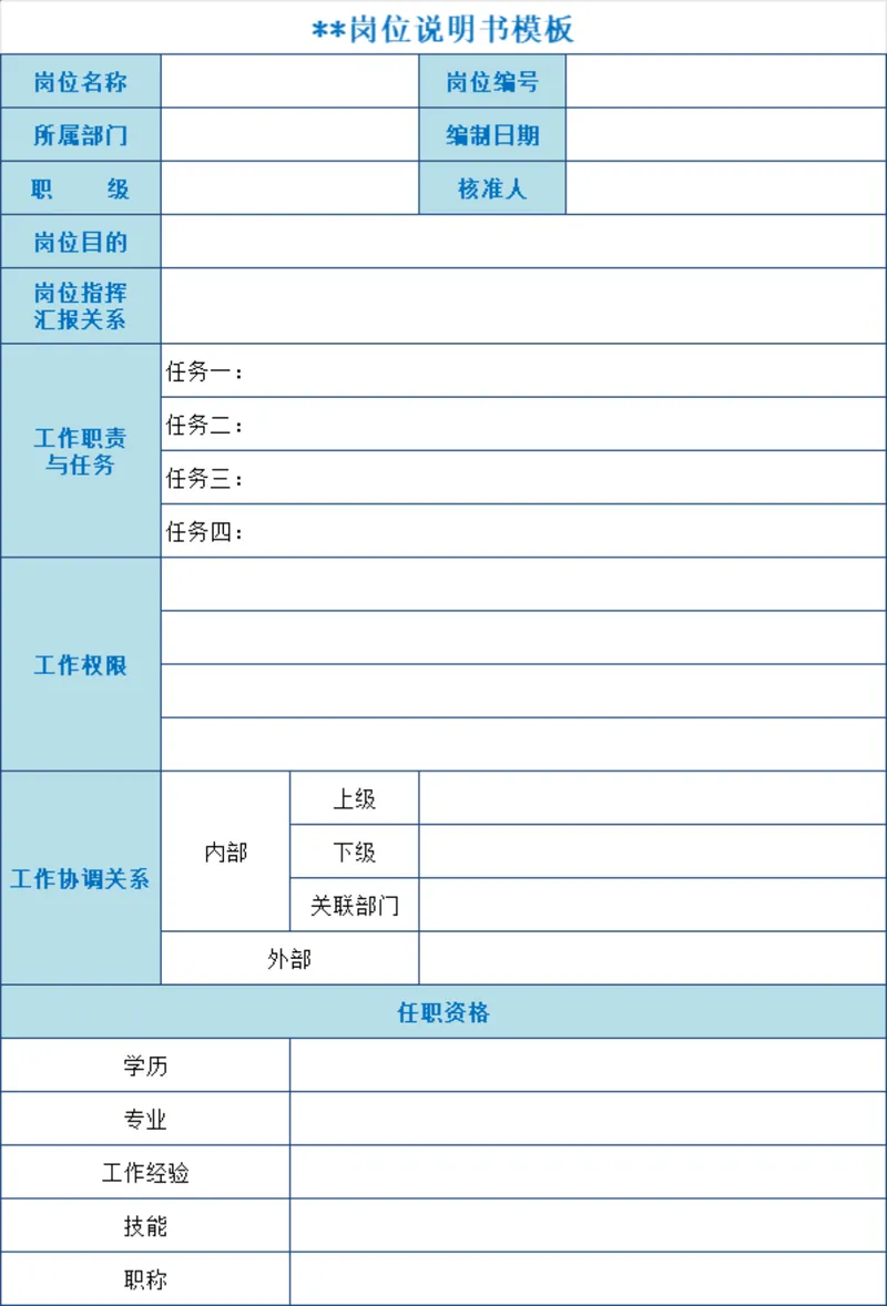 人事行政岗位说明书Excel表格模板 用于规范岗位权责与任职要求登记 - 封面预览