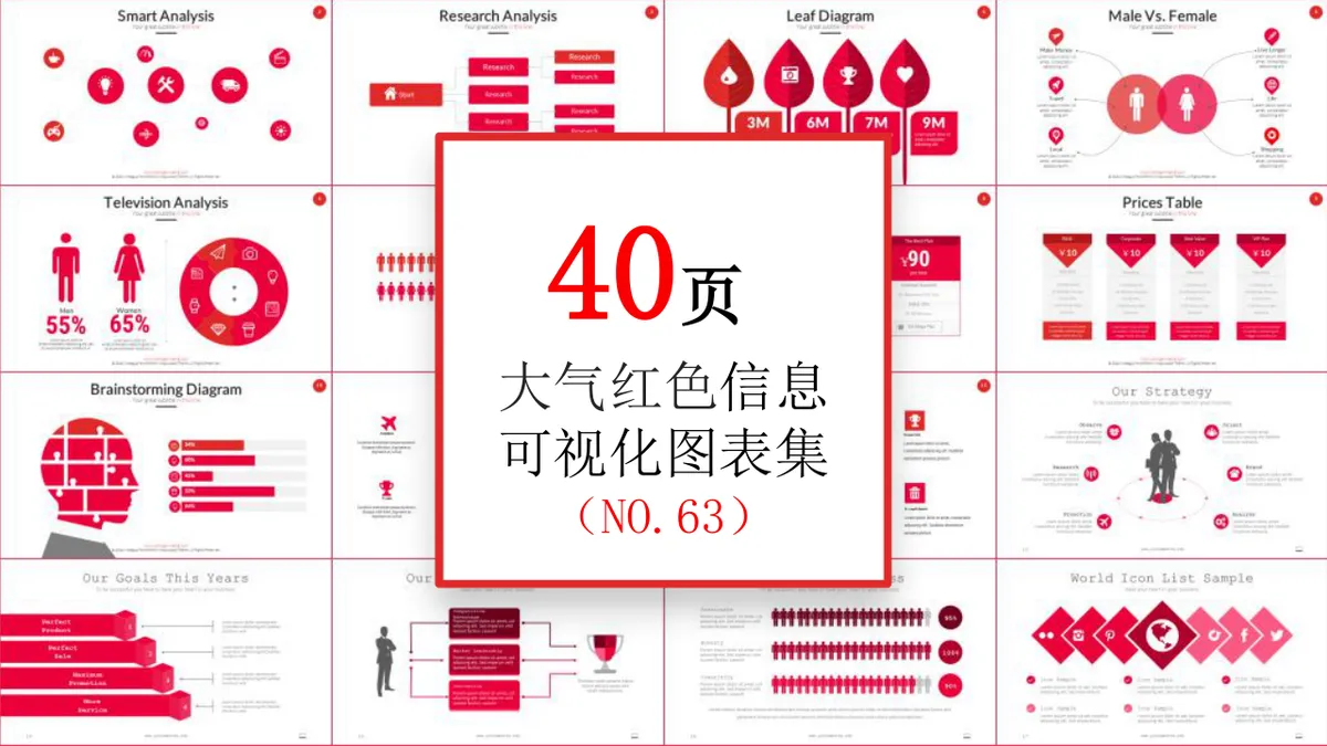 大气红色信息可视化图表集PPT思维导图模板 - 第1页