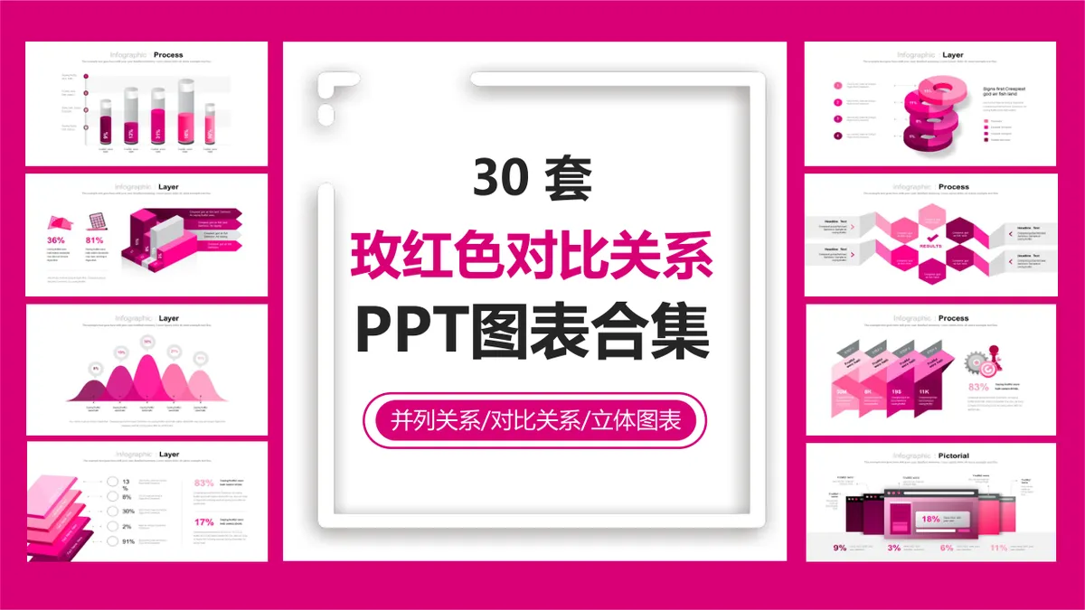 30套玫红色对比关系并列关系立体可视化PPT图表合集 - 第1页