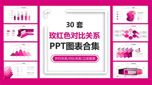 30套玫红色对比关系并列关系立体可视化PPT图表合集 - 封面预览