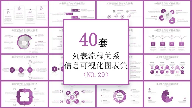 40套紫色列表流程关系信息可视化图表集PPT模板 - 封面预览
