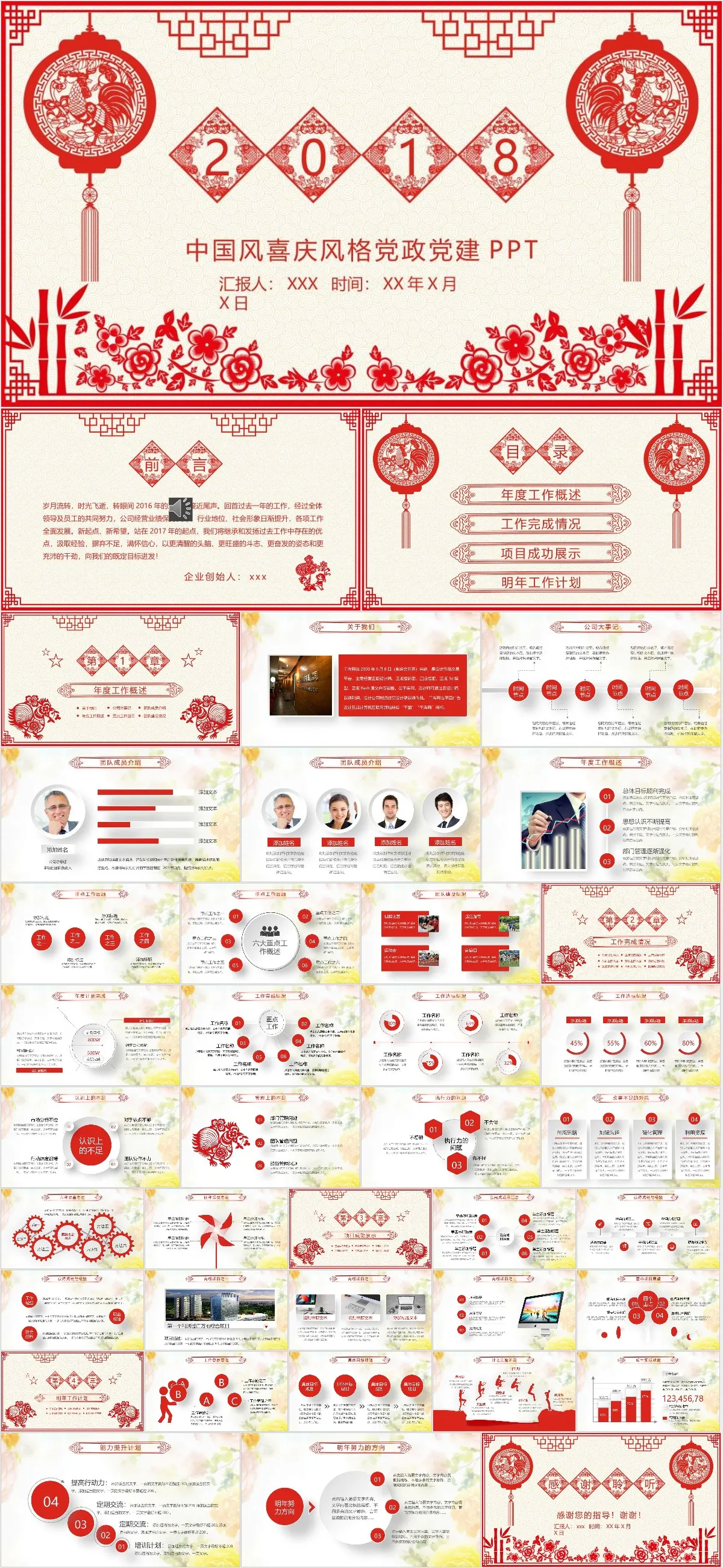 中国风喜庆剪纸风格党政党建工作汇报通用PPT模板 - 模板内页详情长图