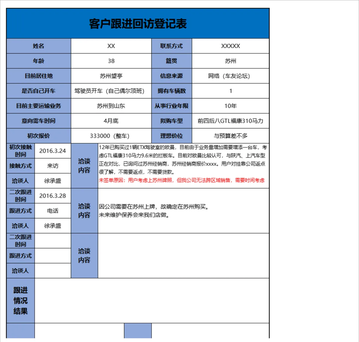 客户跟进回访登记Excel表格 销售业务客户信息跟踪记录管理模板 - 第1页