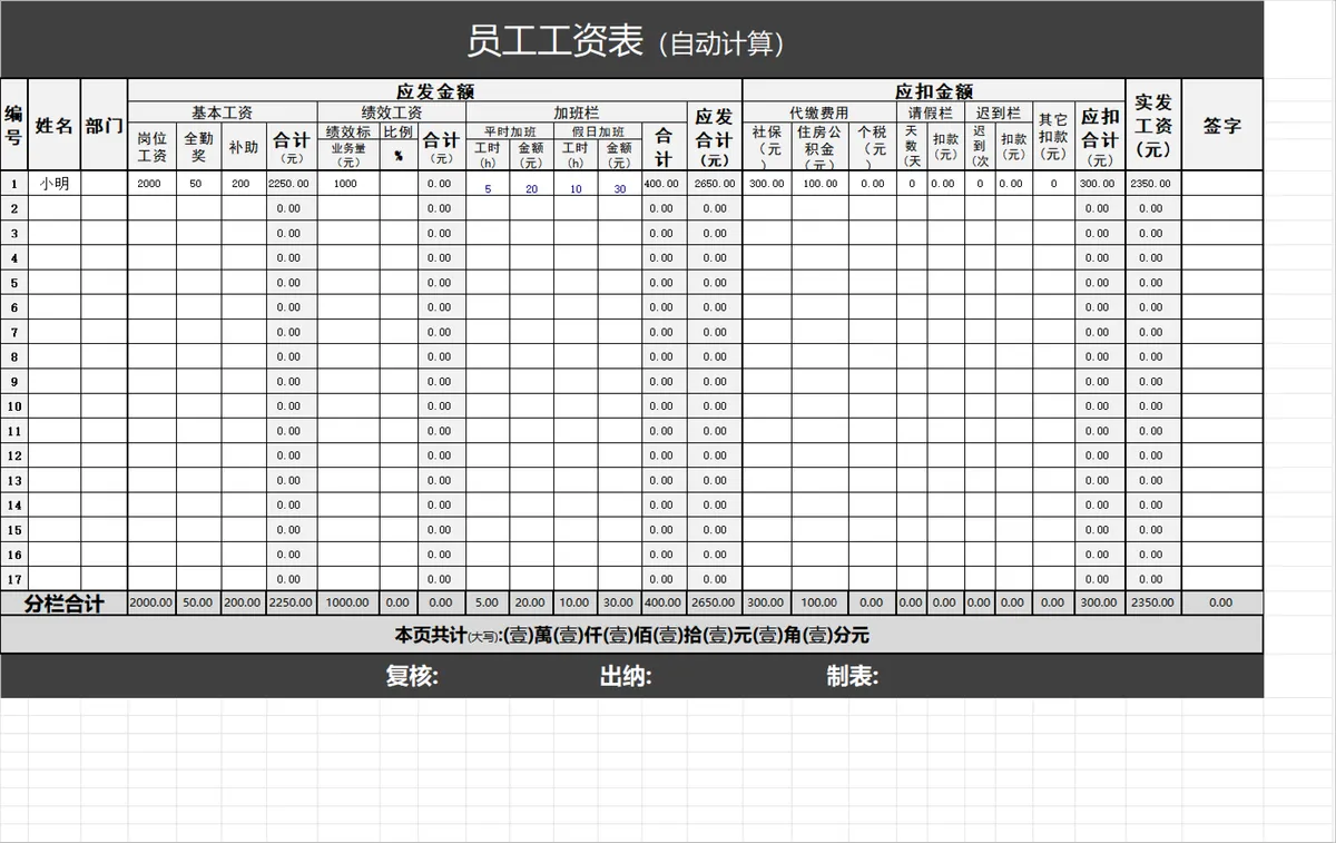 自动计算员工工资明细统计Excel表格 - 第1页
