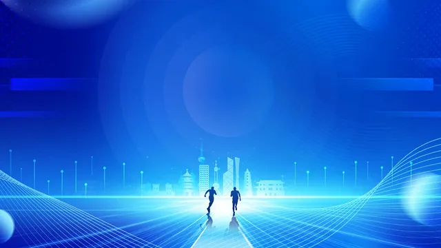 蓝色科技风城市剪影奔跑人物商务会议活动PPT背景图片 - 封面预览