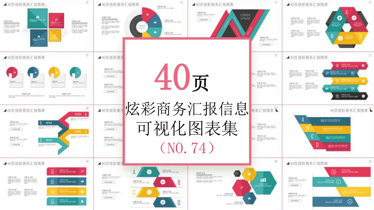 40页炫彩商务汇报信息可视化图表集PPT思维导图模板 - 第1页
