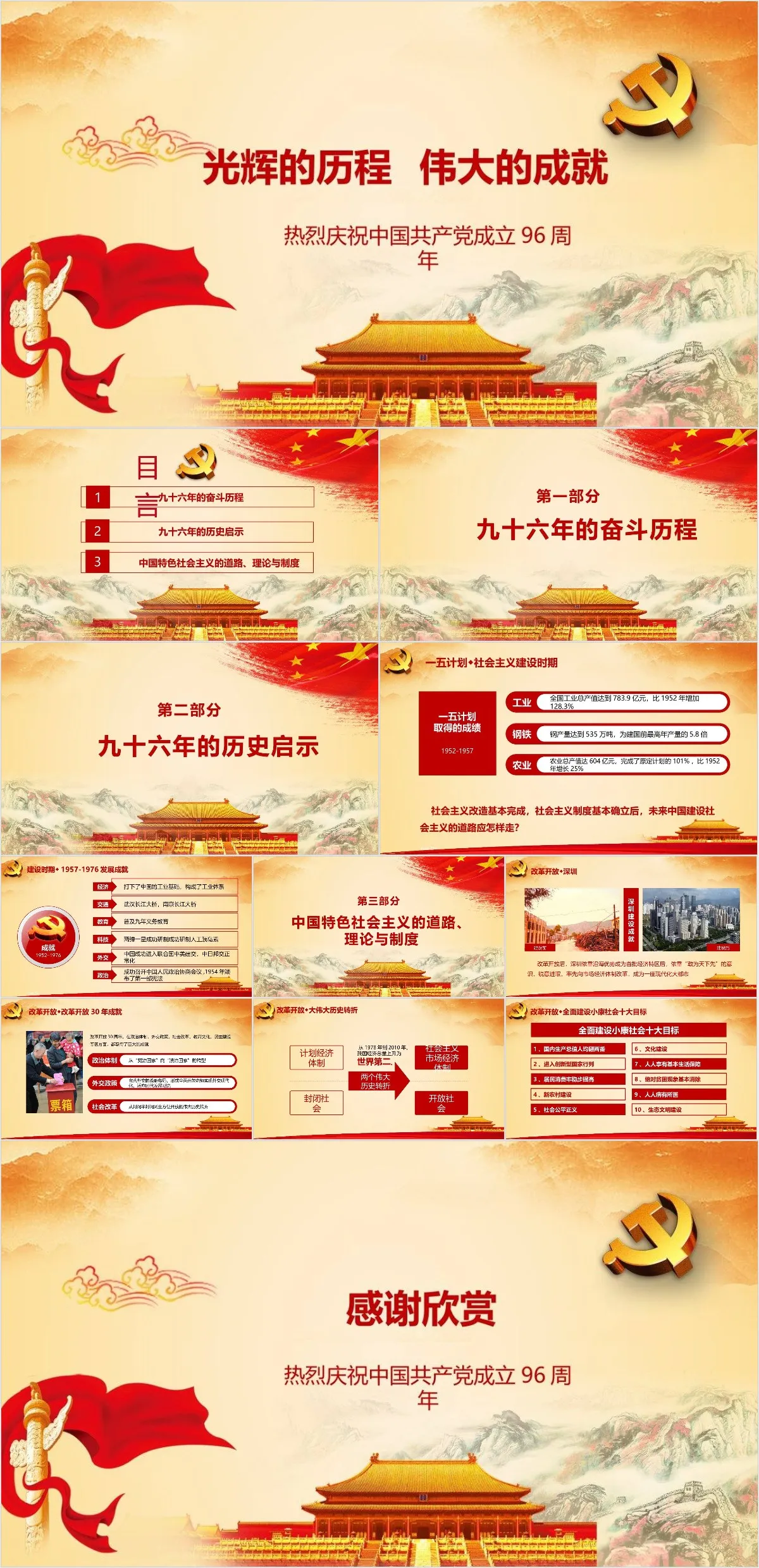 光辉的历程伟大的成就热烈庆祝中国共产党成立96周年党建主题PPT模板 - 模板内页详情长图