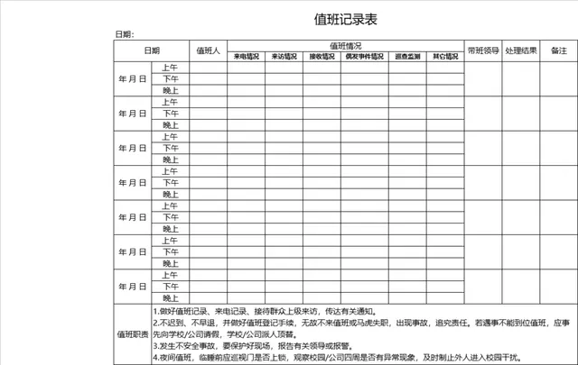 人事行政通用值班记录表Excel表格 用于企业单位日常值班情况登记管理 - 封面预览