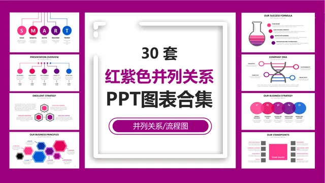 30套红紫色并列关系流程图PPT图表合集 - 封面预览