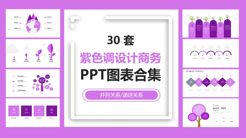 30套紫色调商务并列递进关系PPT图表合集 - 封面预览