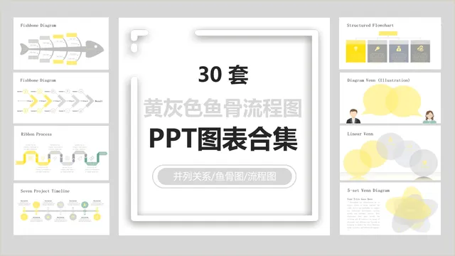 30套黄灰色鱼骨流程图并列关系逻辑展示PPT图表合集 - 封面预览