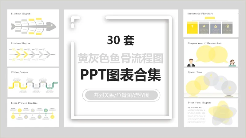 30套黄灰色鱼骨流程图并列关系逻辑展示PPT图表合集 - 封面预览