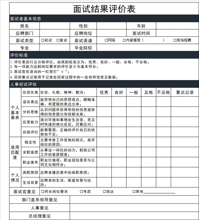 公司通用面试结果评价登记Excel表格 人事招聘面试评分记录统计模板 - 封面预览