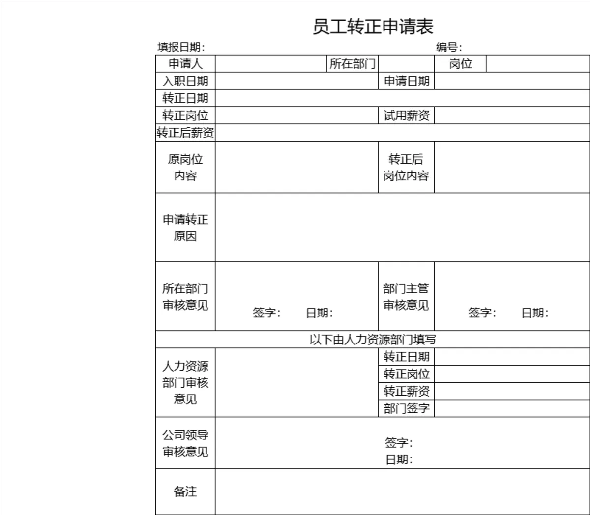 人事行政员工转正申请信息登记Excel表格 - 第1页