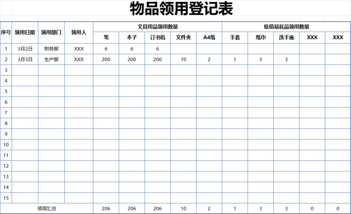 人事行政通用物品领用登记Excel表格 含文具及低值易耗品领用统计 - 第1页