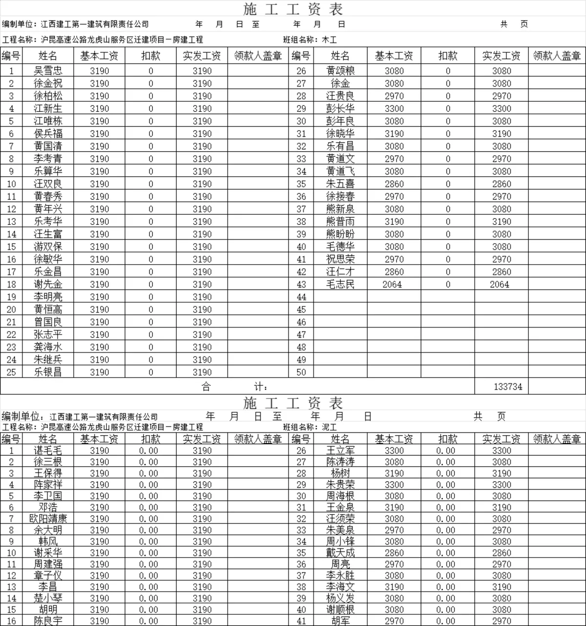 建筑项目施工班组人员工资核算统计Excel表格 - 第1页