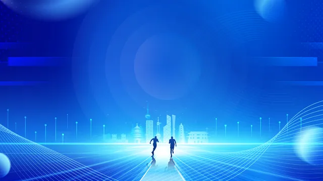 蓝色科技风城市奔跑人物商务会议活动PPT背景图片 - 封面预览