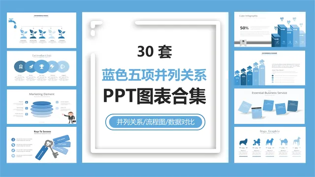 30套蓝色五项并列关系PPT图表合集 适用于流程展示数据对比演示场景 - 封面预览