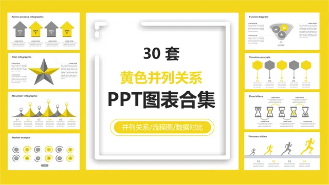 30套黄色并列关系流程数据对比PPT图表合集 - 封面预览