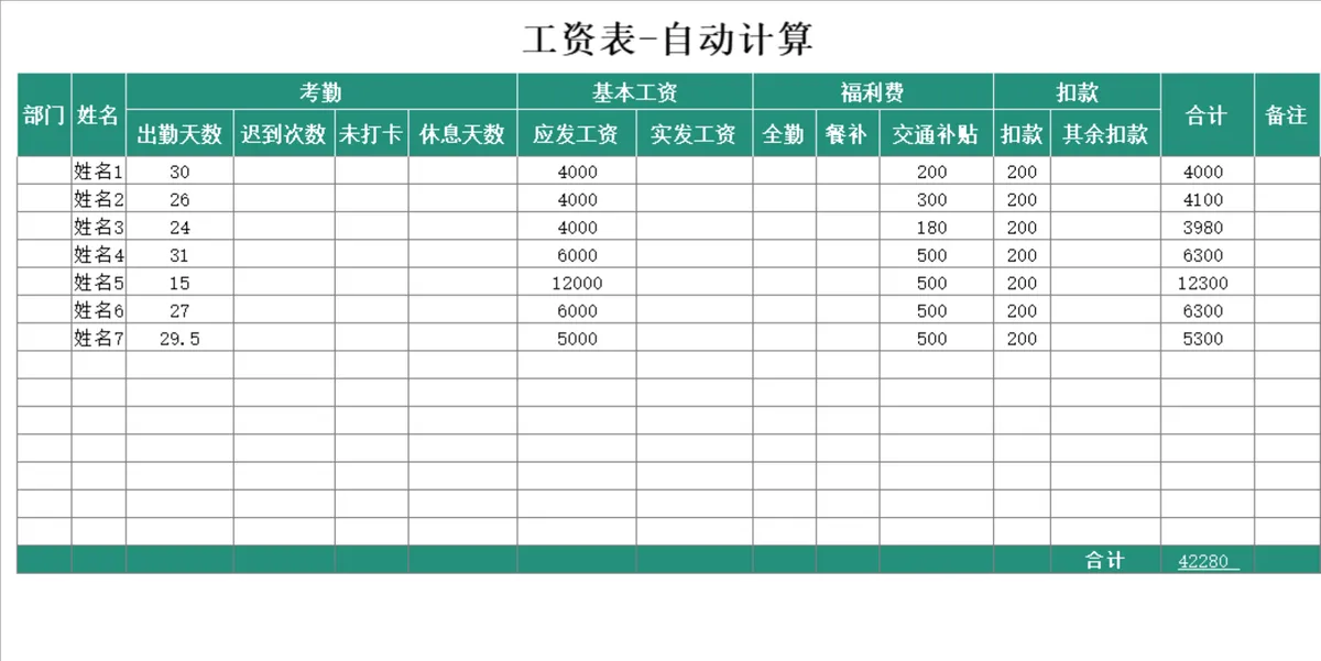 人事行政自动计算工资核算统计Excel表格模板 - 第1页