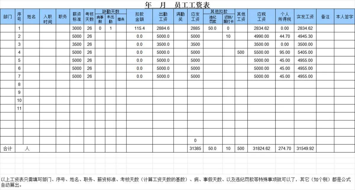 人事行政员工月度工资核算自动计算Excel表格 - 第1页