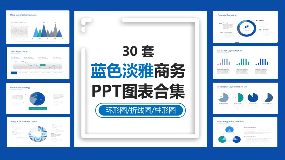 30套蓝色淡雅商务环形图折线图柱形图PPT图表合集 - 第1页