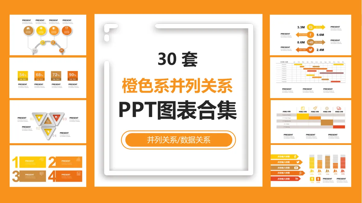 30套橙色系并列关系数据展示PPT图表合集 - 第1页