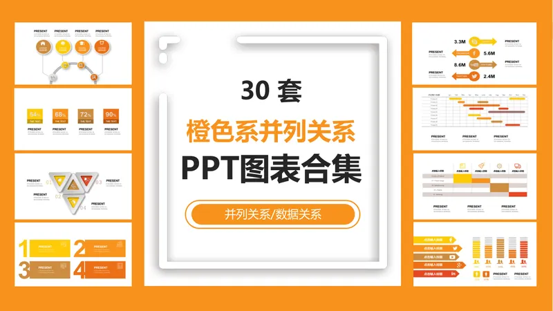 30套橙色系并列关系数据展示PPT图表合集 - 封面预览