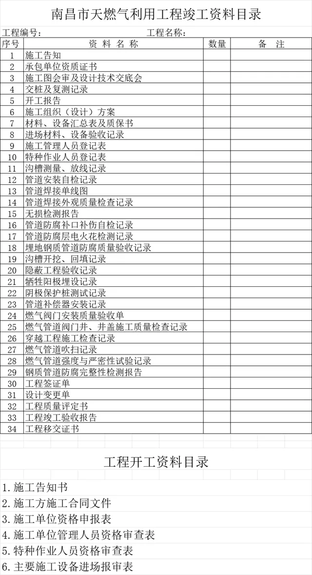 天然气利用工程开工竣工资料目录Excel表格 - 封面预览
